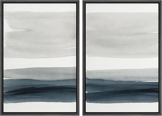 MUDECOR Framed Canvas Print Wall Art Set Modern Abstract Gray and Blue Brushstroke Illustrations Modern Art Decorative Bohemian Calm/Zen for Living Room, Bedroom, Office - 24"x36"x2 BLACK