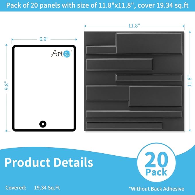 Art3d 20 Pack Decorative 3D Wall Panels, 19 Sq.Feet PVC Interior Wall Décor, 11.8"x11.8", Black