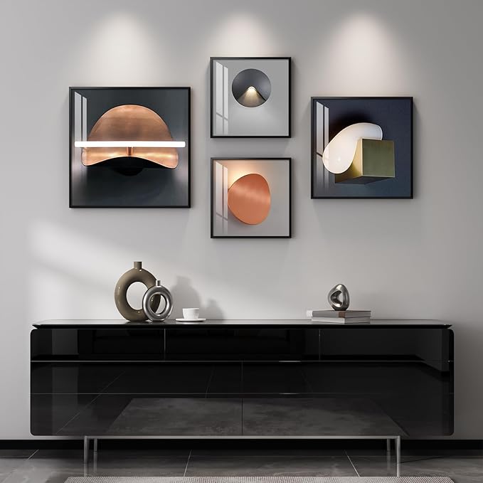 Large Framed Modern Abstract Wall Art for Bedroom, Set of 4 Piece Black Orange and Gray Luxury Bright Style Artworks, Minimalist Geometric Painting Prints Decor for Living Room Dining Room Hallway