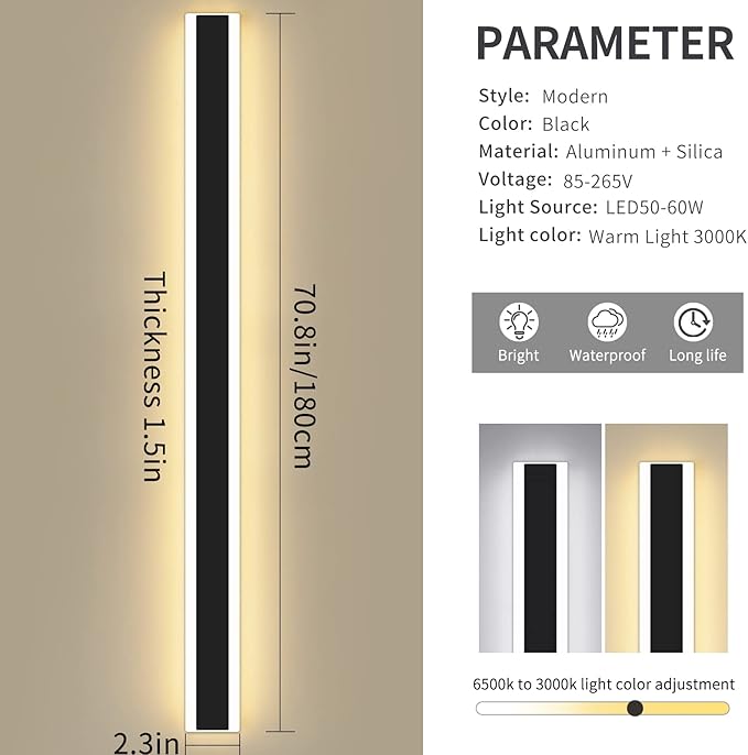 Modern 70.8inch Outdoor Wall Light, 3000k/4500k/6000k 3 Color Change Black Exterior Light Fixtures Wall Mount, Ip65 Waterproof Modern Porch Lights Non-Dimmable, Long Linear Outside Lighting Hard-Wired