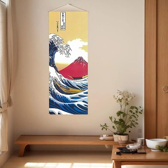 Japanese Scroll Oriental Wall Art Decor, Long Vertical Tapestry, Ukiyo-e The Great Wave Off Kanagawa by Hokusai - W15.7" x H47.2" - for Living Room,Bedroom,or Office Sushi bar Asian Restaurant CTT-18