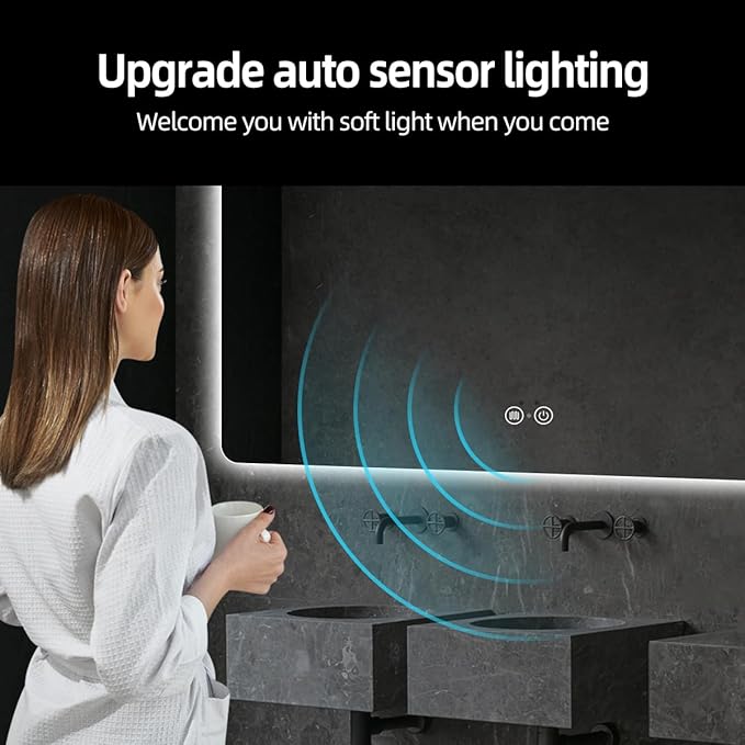 Backlit LED Bathroom Mirror, Infrared Motion Sensor Vanity Mirror with 3-Color Lights, Stepless Dimmable Wall Lighted Mirror with Anti-Fog, Memory, Rectangular (36" L x 36" W)