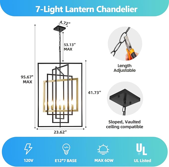 Black and Gold Chandelier, 7-Light Farmhouse Lantern Pendant Light Fixtures, Rustic Industrial Foyer Lighting Fixtures, Large Chandeliers for High Ceilings, for Kitchen Island, Staircase, Entryway