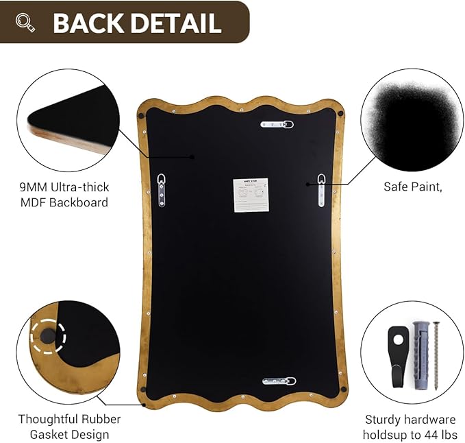 ANDY STAR 24x36 Gold Bathroom Mirror, Brushed Brass Wavy Rectangle Mirror with Curved Design, Irregular Scalloped Wall Mirror for Vanity, Stainless Steel Frame, Anti-Rust, Home Décor