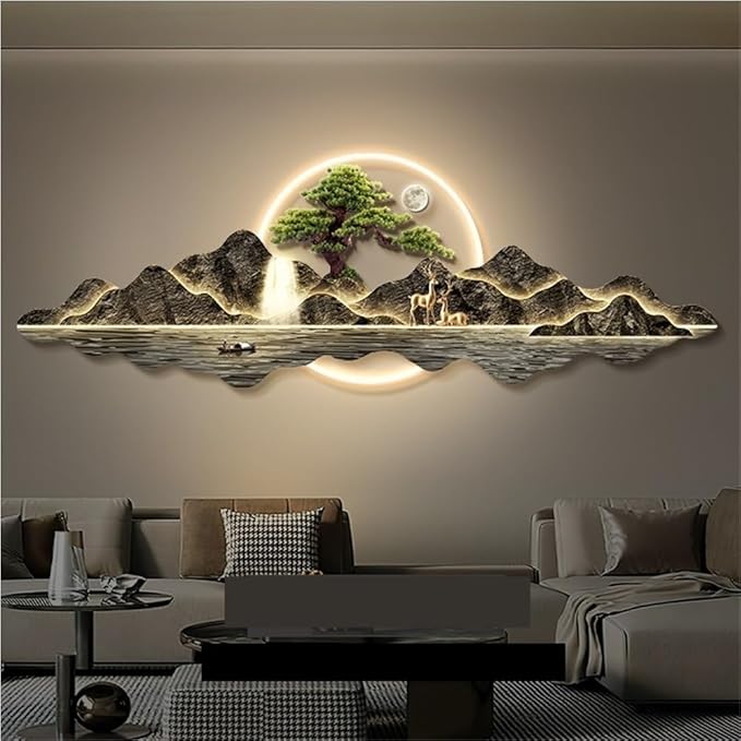 LED 3D Wall Art Decor, Landscape Wall Mural with Welcoming Pine Tree, Traditional Oriental Wall Sculpture with Light, Decorative Wall Art for Living Room(Light Brown,39.3in)