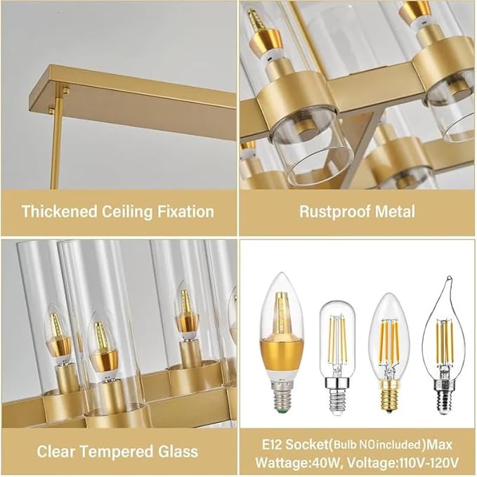 Brass Rectangle Kitchen Island Lights, Farmhouse Linear Rectangular Chandelier with Glass Shades, 16 Lights Gold Lighting Fixtures Industrial Pendant Light for Dining Room Over Table