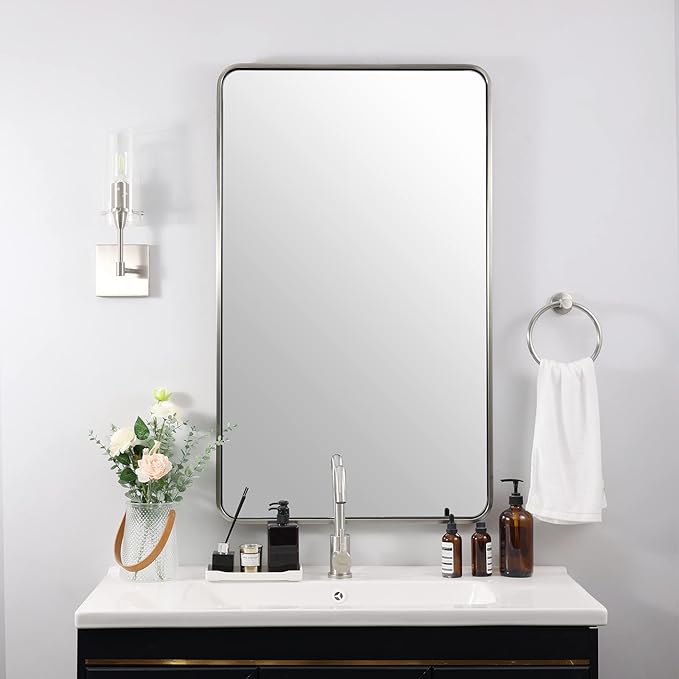 ANDY STAR 24x40'' Bathroom Mirror for Wall, Brushed Nickel Rounded Rectangle Mirror for Vanity in Stainless Steel Tube Metal Frame Antirust Wall-Mounted Horizontal or Vertical