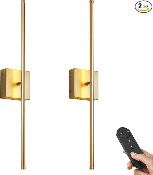 Battery Operated Wall Sconces with Remote Control, Dimmable Wall Sconces Set of Two, 350°Rotate, 3000K LED Gold Wireless Wall Light for Living Room, Hallway, Bedroom, 32.2 Inch (2 Pack)