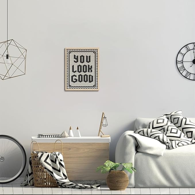 KISSFOX Western You Look Good OAK Wood Framed Wall Art Farmhouse Geometric Typography Canvas Art Prints Rustic Hexagon Pictures Wall Decor Southwestern Artwork For Bistro Bathroom Bedroom Kitchen