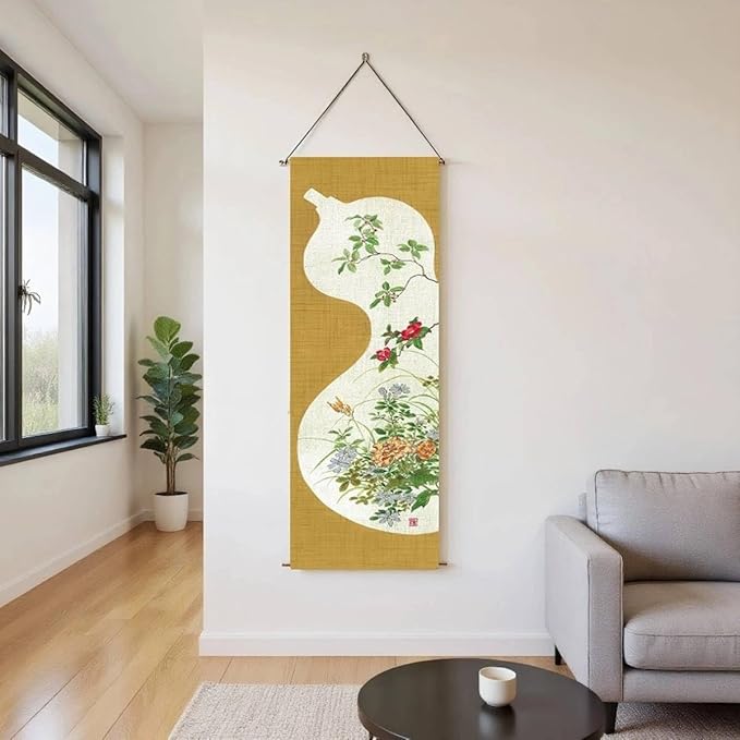 Japanese Tapestry Wall Art - Good Fortune Feng Shui & Lucky Symbols | W15.7xH47.2", Extra Long Vertical Hanging Decor for Bedroom, Living Room, Office | Washable Fabric (Gourd) CTT-37