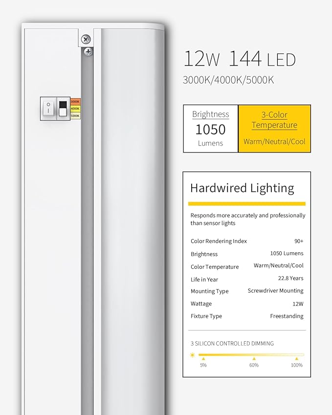 16 Inch LED Under Cabinet Lighting, Hardwired & Plug in, Linkable, Dimmable, 3CCT Selectable Kitchen Cabinet Light, CRI93