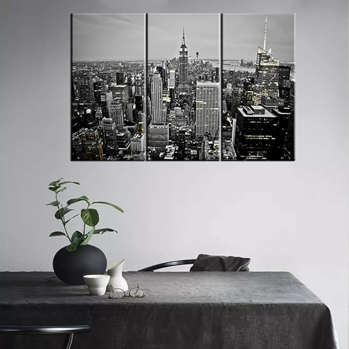 3 Pieces Canvas Wall Art Black and White New York City Skyline at Night Wall Art Manhattan Downtown Urban Skyline Pictures Modern Home Decor Stretched and Framed Ready to Hang - 24‘’x12‘’x3 panels