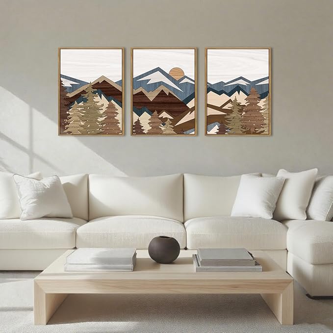 BINCUE Framed Mountain Wall Art Boho Landscape Wall Decor Mountain Artwork for Office Living Room Bedroom 12" Lx16 W Set of 3