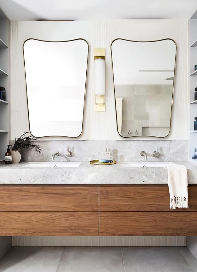 ANDY STAR Gold Mirror, 24x36 Irregular Wall Mirror, Gold Antique Bathroom Vanity Mirror, Brass Mirrors for Wall, Asymmetrical Mirror in Rust-Proof Stainless Steel Metal Frame, Wall Mount Vertically