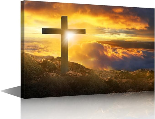 TUMOVO 1 Piece Christian Religion Wall Art for Home Wall Decor Jesus Crosses Canvas Wall Art, Christ Redeemer Posters Prints Pictures for Home Decoration Living Room Mountains, 24" Wx36 H