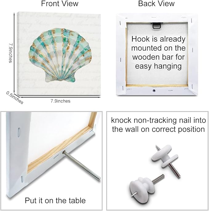 4 Pcs Seashells Starfish Wall Art, 7.9x7.9in Beach Framed Art Paintings Wall Decor Ocean Inspired Seaside Ocean Inspired for Living Room Bathroom Beach House Home Kitchen Decor