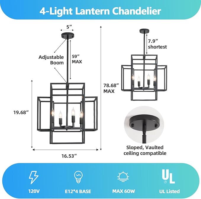 4-Light Farmhouse Chandelier, Industrial Ceiling Foyer Lighting Fixtures Black Lantern Pendant Light, for Dining Room Kitchen Island Entryway Staircase