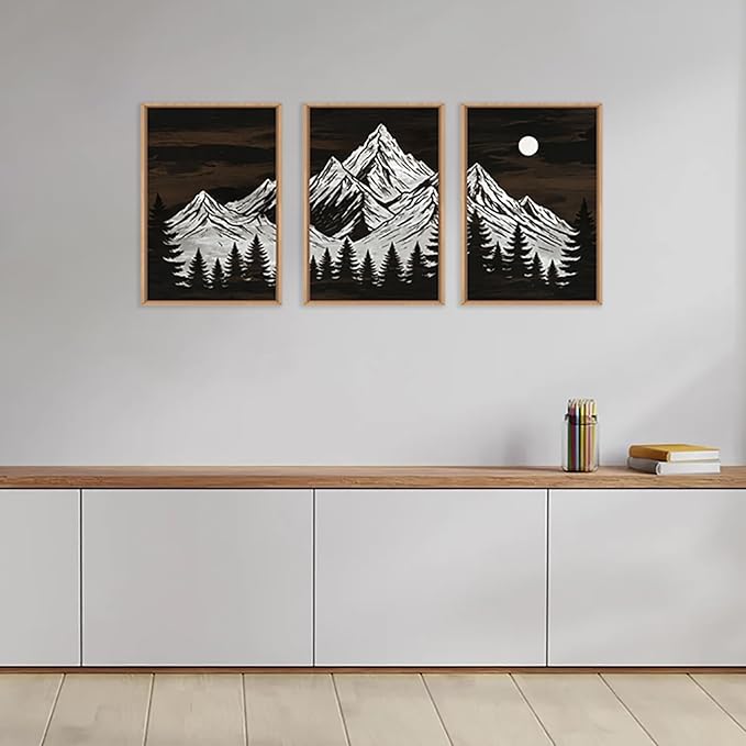 KAIRNE Wooden Mountain Tree Framed Canvas Wall Art Set, Country Wood Forest Wall Decor, Woodcut Pine Tree Wall Painting, Nature Farmhouse Zen Art Prints for Living Room, Bedroom, Office - 16"x24"x3