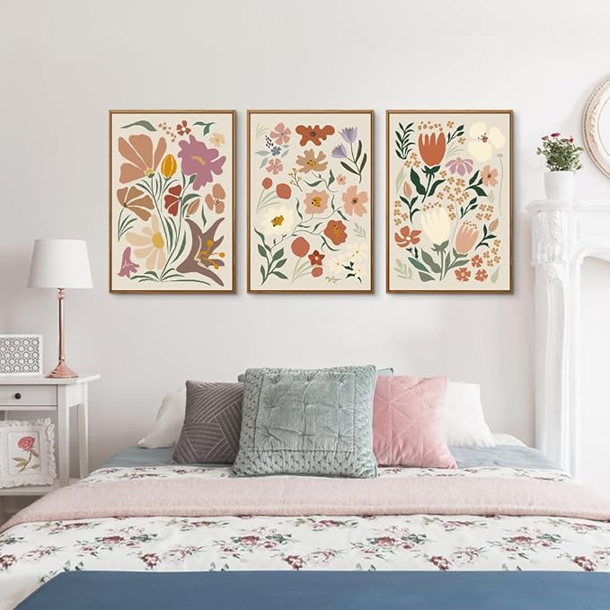 CHDITB Henri Matisse Framed Canvas Art Prints, Pink Beige Flower Market Wall Decor, Minimalist Floral Painting, Abstract Matisse Wall Art for Living Room, Bedroom, Dining Room 16"x24"x3