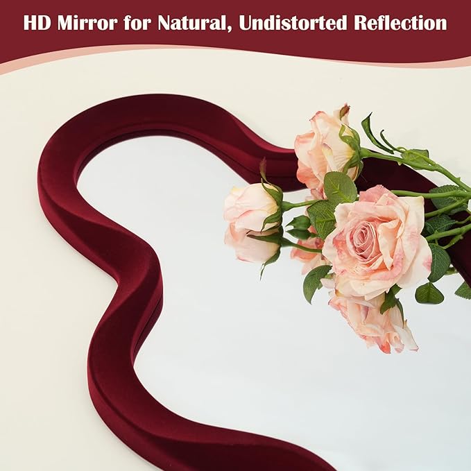 Mirror Wall Decor for Vintage Living Room Bedroom, 13.8x29.7 Asymmetrical Decorative Mirror for Entryway Porch Staircase, Retro Modern Hanging Wall Art Gift for Christmas Wedding (Wine Red)