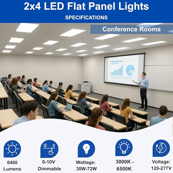 2 x 4 LED Flat Panel Lights - (Pack of 12) Dimmable Flicker-Free Ceiling Panels with 5 Color Temp Selection and 5 Wattage Selection for Drop Ceiling Light Fixtures