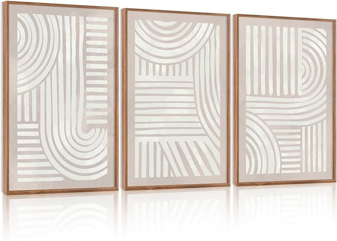 Large Abstract Neutral Geometric Framed Canvas Wall Art,Boho Minimalist Shapes Wall Decor,Modern Lines Artwork,Mid Century Arch Art Print for Living Room,Bedroom,Office- 24"x36"x3