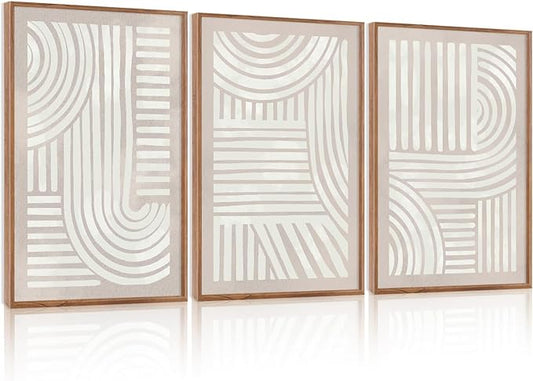Large Abstract Neutral Geometric Framed Canvas Wall Art,Boho Minimalist Shapes Wall Decor,Modern Lines Artwork,Mid Century Arch Art Print for Living Room,Bedroom,Office- 24"x36"x3