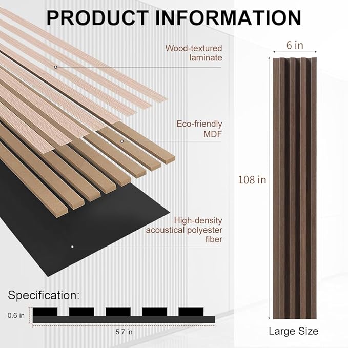 4PCS Acoustic Wood Slat Wall Panels for Wall Decor and Ceiling 3D Fluted Sound Absorbing Panel Soundproof with Wood Finish 108"×6" (Cherry Dark)