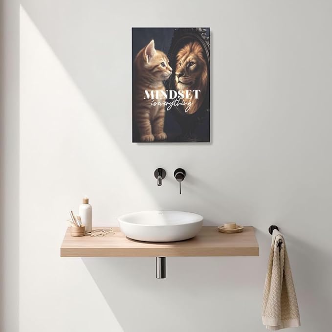 Motivational Lion And Cat Wall Art For Kids Mindset Is Everything Nursery Canvas Wall Decor Inspirational Pictures Paintings Prints Artwork Framed Decorations For Children's Room Bathroom Bedroom Living Room Office Gifts 16" x 24"