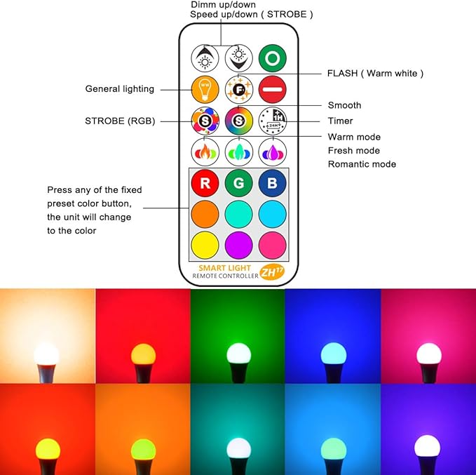 LED Light Bulb 85W Equivalent, RGB Color Changing Light Bulb, 6 Moods - Memory - Sync - Dimmable, A19 E26 Screw Base, Timing Remote Control Included (Pack of 2)