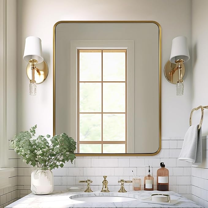 ANDY STAR 40x32 Inch Gold Bathroom Mirror, Brushed Gold Mirrors for Wall in Anti-Rust SUS304 Tube Metal Frame, Rounded Rectangle Mirrors 1’’ Deep Wall Mounted Vertically/Horizontal for Bathroom
