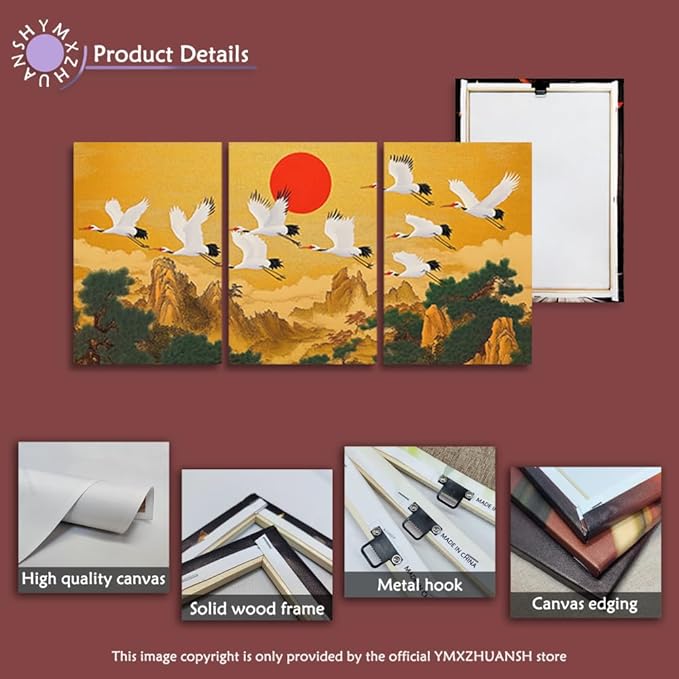 YMXZHUANSH Flying Crane & Mountain Water Painting 3 Peice Chinese Landscape Picture Oriental Wall Art with Red Sun Asian Decor for Living Room Study Tea House 12x16inchx3 (30x40cmx3)