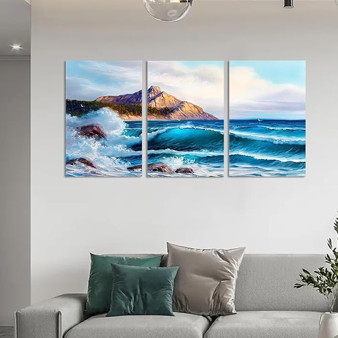 Canvas Wall Art Coastal Beach Scenery Picture Blue Ocean Waves Seascape Painting Mountain Peaks Wave Landscape Oil Painting Print Modern for Home Bedroom Framed - 20x28inchx3Pcs