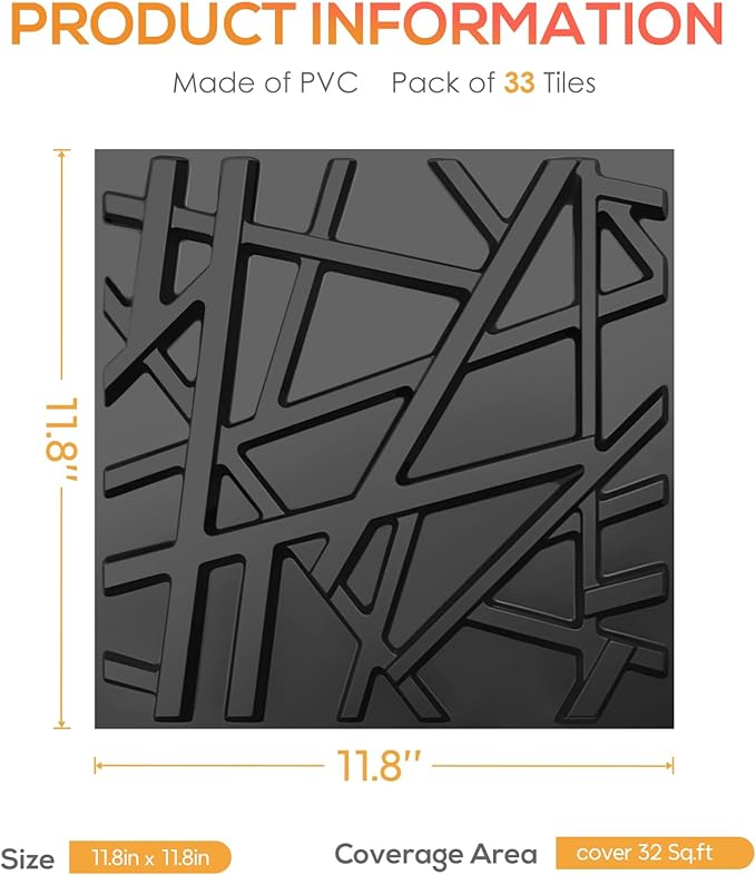 33 Pack 3D Wall Panels for Interior Wall Decor, 12''x12'' Black Accent Textured Wall Panels, Wall Covering Panles for Living Room, Gaming Room, TV Background, Cover 32 Sq.Ft