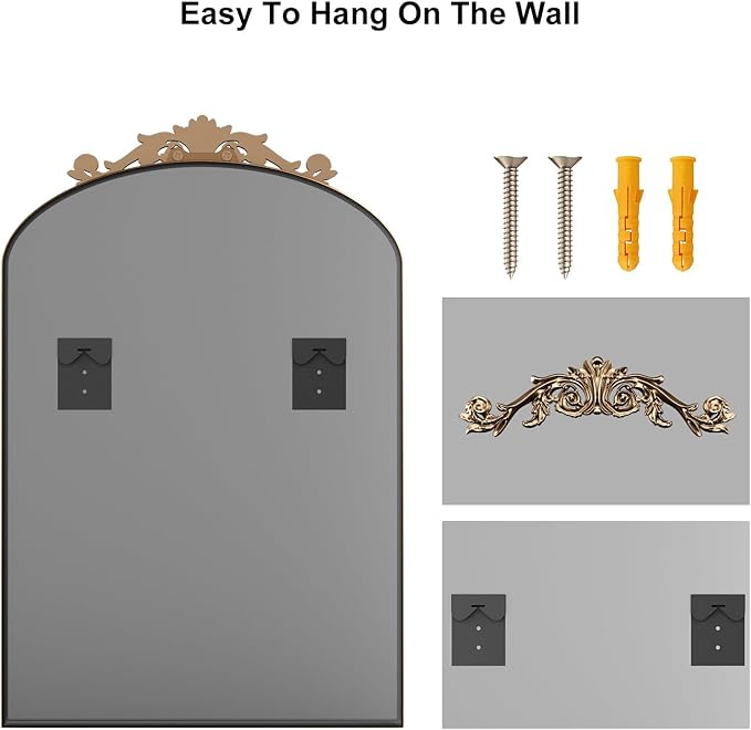 Antique Arched Wall Mirror, 24"x36" Vintage Gold Bathroom Mirror - Baroque Metal Frame Brass Mirror for Living Room, Bathroom, Fireplace, Entryway, Bronze