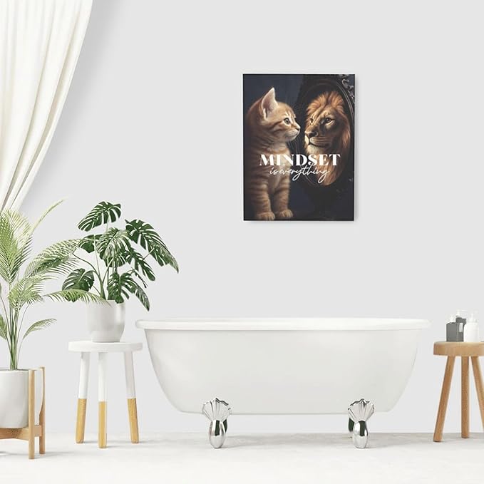 Motivational Lion And Cat Wall Art For Kids Mindset Is Everything Nursery Canvas Wall Decor Inspirational Pictures Paintings Prints Artwork Framed Decorations For Children's Room Bathroom Bedroom Living Room Office Gifts 12" x 16"