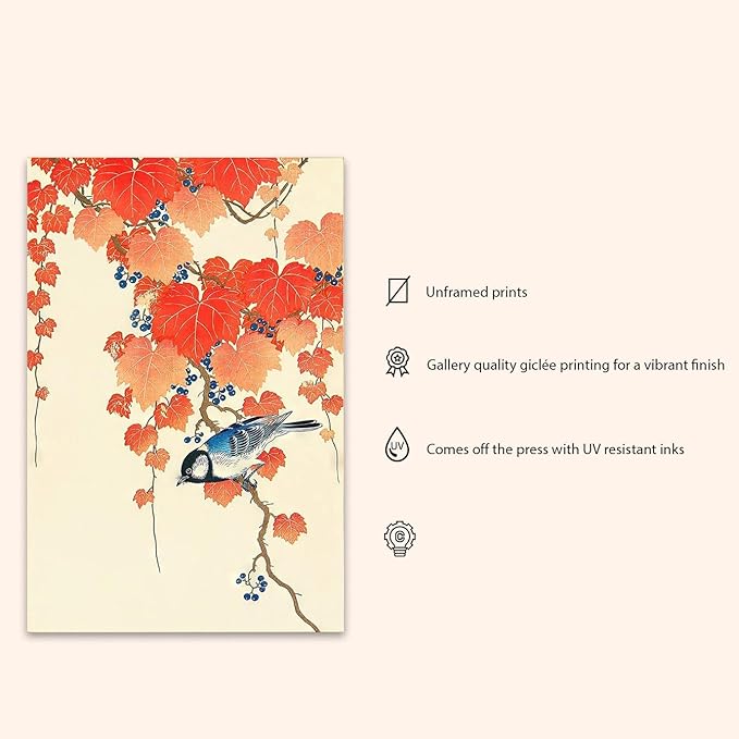 OZCONO Japanese Bird Art Print, Vintage Blue Songbird with Red Maple Leaves, Gallery Quality UV-Resistant Giclée Print, Unframed Wall Decor (40L x 27W)