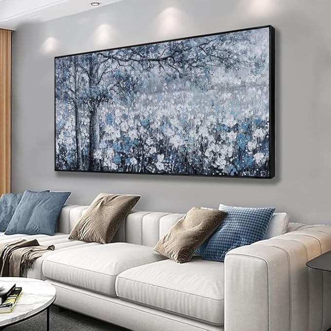 Canvas Wall Art Frame for Modern Living Room 29x58 Inches - Large Elegant Blue and White Tree Flower Landscape Picture Artwork for Bedroom, Dining Room, Home Office Decor