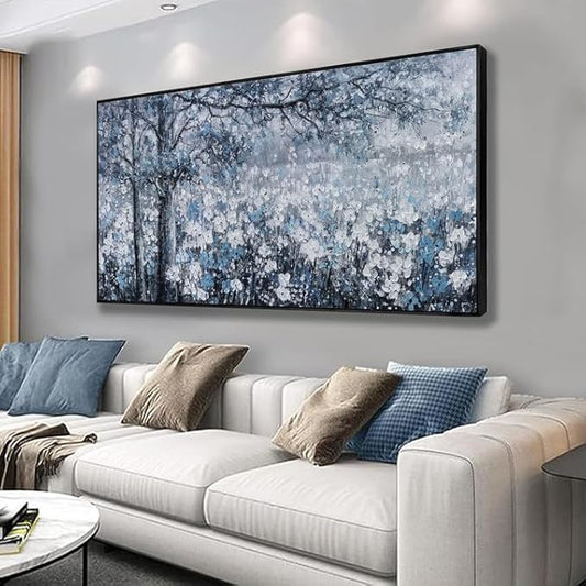 Canvas Wall Art Frame for Modern Living Room 29x58 Inches - Large Elegant Blue and White Tree Flower Landscape Picture Artwork for Bedroom, Dining Room, Home Office Decor