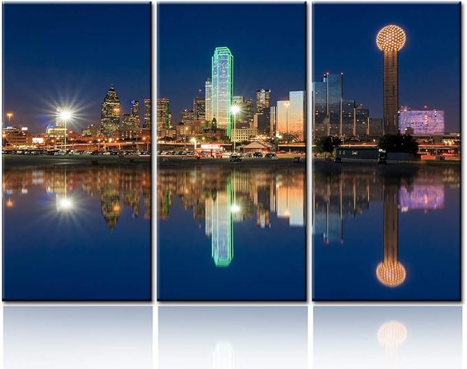 3 Pcs Wall Art Dallas Skyline Reflected in Trinity River at Sunset Canvas Art Paintings For Room Decor Texas Cityscape Skyscrapers Night Scene Picture Prints On Canvas For Home Decor - 40‘’ x 60‘’
