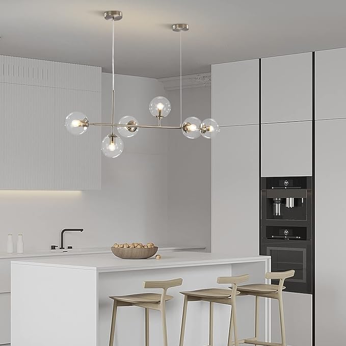 KCO Lighting 6 Light Bubble Glass Pendant Light Mid Century Modern Globe Sputnik Chandelier Linear Chandelier Lighting Brushed Nickel Hanging Light Fixture for Kitchen Island Dining Room