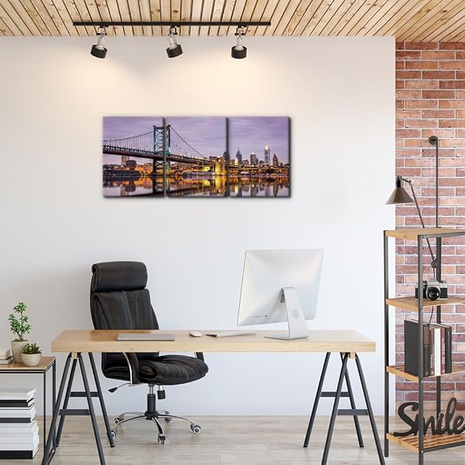 Pacimo Canvas Wall Art Ben Franklin Bridge Skyline Modern Home Decor Philadelphia Cityscape Picture Prints Modern Artwork for Wall Decor Stretch and Framed Ready to Hang - 12"x16"x3 Panels