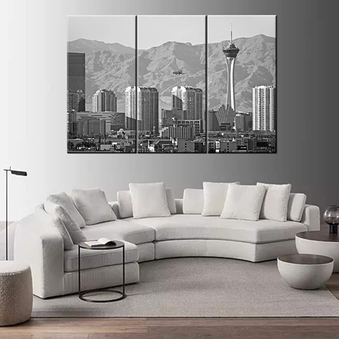 Black and White Picture USA City Skyline Canvas Wall Art -Vegas Cityscape. Las Vegas, Nevada Downtown Skyline. United States - Gallery Wrap Modern Home Decor | Ready to Hang - 20x40 inch x 3 panels