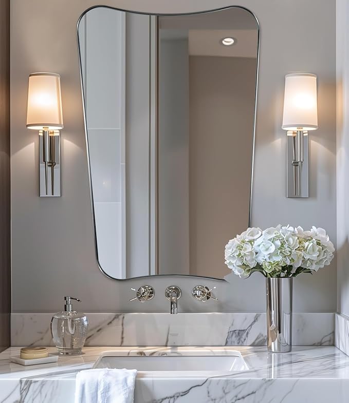 ANDY STAR Brushed Nickel Mirror, 24x36 Inch Scalloped Mirror, Unique Bathroom Mirror with Rust-Proof Stainless Steel Metal Frame, Ideal for Entryway, Powder Room