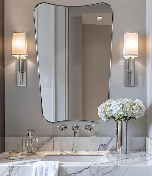 ANDY STAR Brushed Nickel Mirror, 24x36 Inch Scalloped Mirror, Unique Bathroom Mirror with Rust-Proof Stainless Steel Metal Frame, Ideal for Entryway, Powder Room