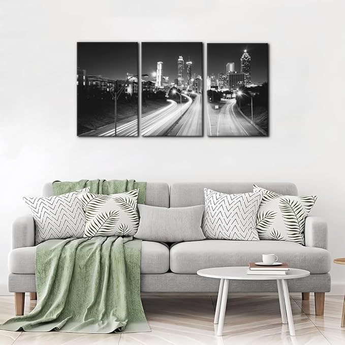 Pacimo Atlanta Night View Canvas Wall Art, Set of 3 Framed Painting Prints, Jackson Street City Skyline Pictures Modern Wall Decor for Living Room Bedroom Office Ready to Hang - 16"x24"x3 Panels