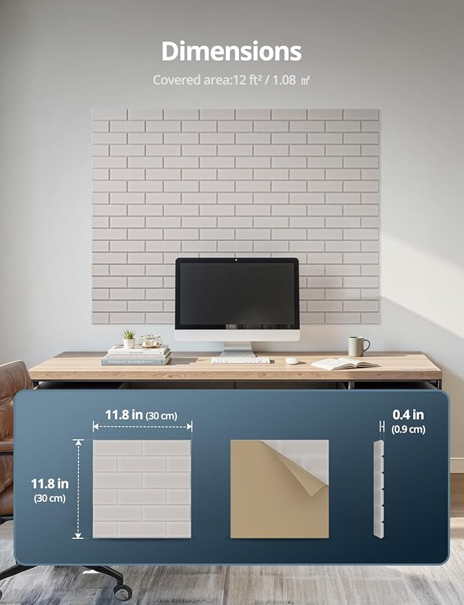 Acoustic Wall Panels, Brick Pattern Peel and Stick Sound Absorbing Panel for Ceiling, Door, Pared, 12 Pack 12"x12"x0.4", Beige Decorative Self Adhesive Wall Tiles for Recording Studio, Room