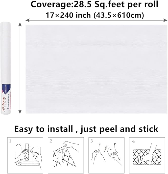 Arthome Peel and Stick Wallpaper - White Wood Contact Paper - White Wallpaper - Self-Adhesive, Removable and Waterproof for Cabinet, Countertop (17"x240")