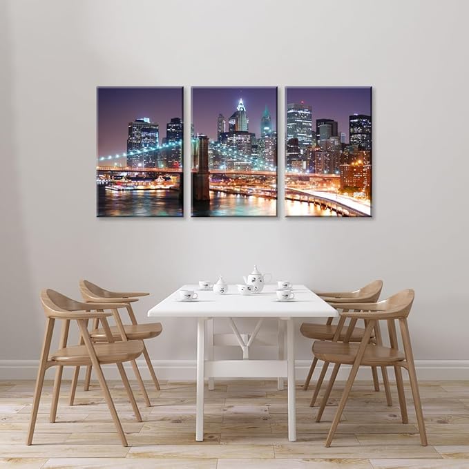 3Pcs 20X30inches New York City Skyline Canvas Wall Art Brooklyn Bridge Night View Framed Wall Decor Blue Purple Manhattan Urban Cityscape Picture Canvas Artwork Modern Home Decor Living Room Office