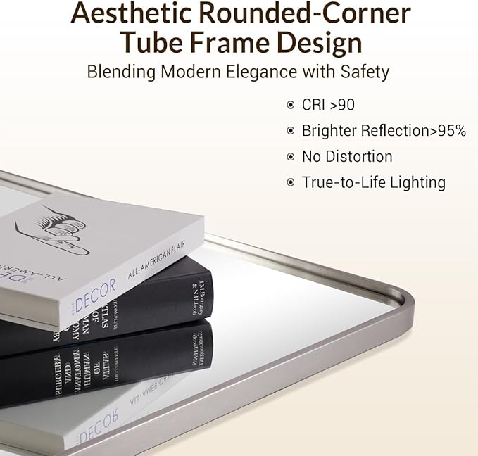 ANDY STAR 30x48 Inch Brushed Nickel Bathroom Mirror, Rounded Corner Brushed Silver Mirror, SUS304-Anti-Rust Metal Tube Frame Wall Mounted Horizontal/Vertical 1’’ Deep